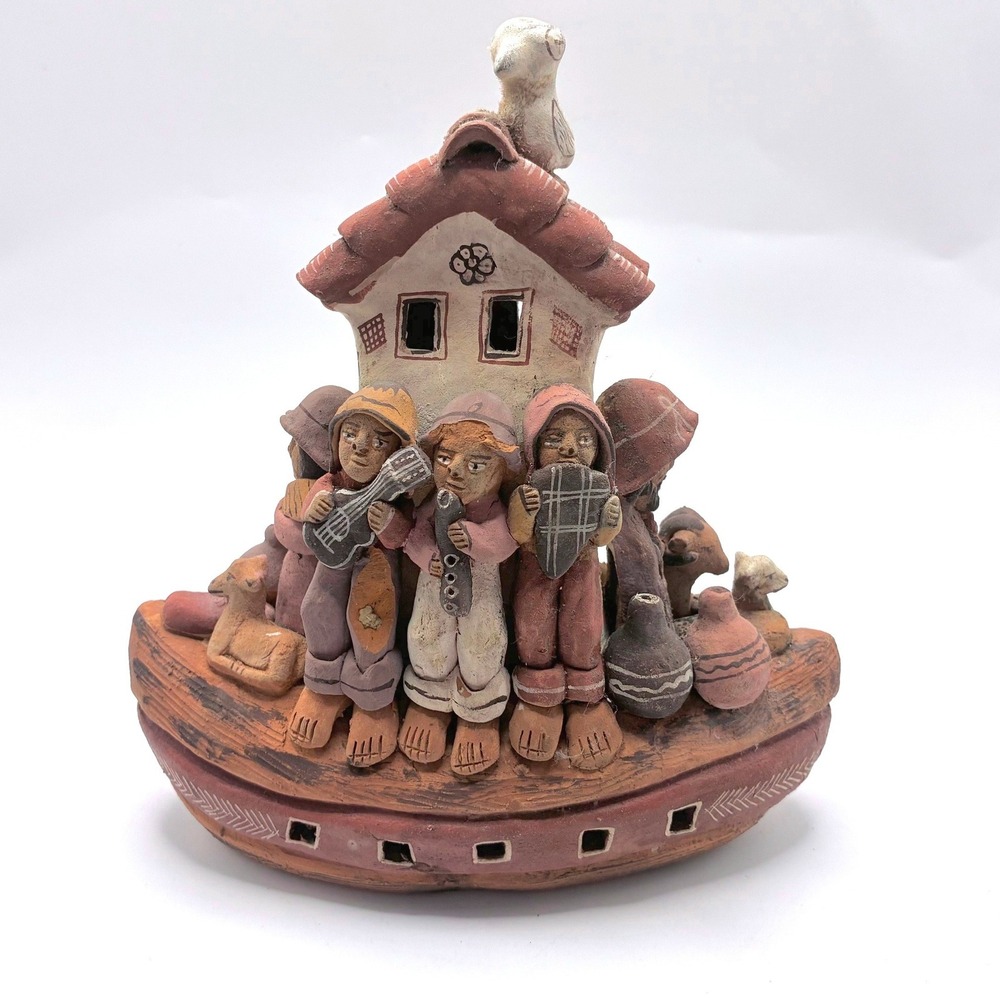 Peruvian Folk Art Noahs Ark Sculpture 6in Terracotta Musicians Animals Clay